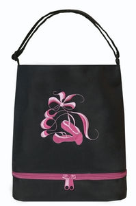 Sassi Designs Ballet Tote (Black) With Bottom Shoe Compartment-Embroidered Shoes & Ribbons