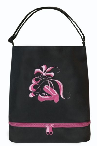 Sassi Designs Ballet Tote (Black) With Bottom Shoe Compartment-Embroidered Shoes & Ribbons