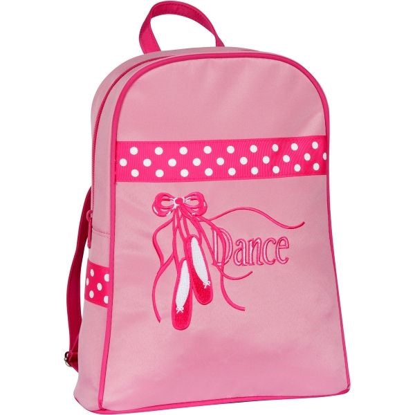 Sassi Designs Sweet Delight Backpack in pink with pointe shoes, ribbons & Dance embroidered