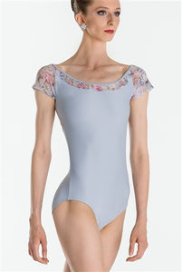 Wear Moi Erell Adult Cap Sleeve Leotard w- Floral Micromesh